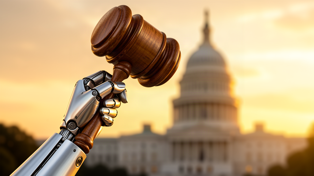 A robotic hand holding a wooden gavel above the U.S. Capitol dome