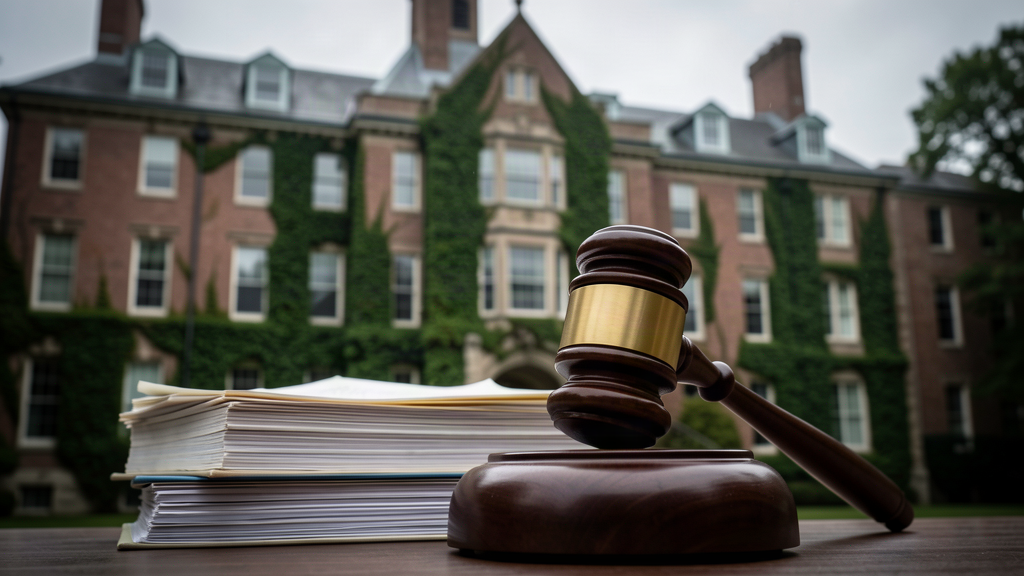 A gavel resting on legal documents in front of an Ivy League university building