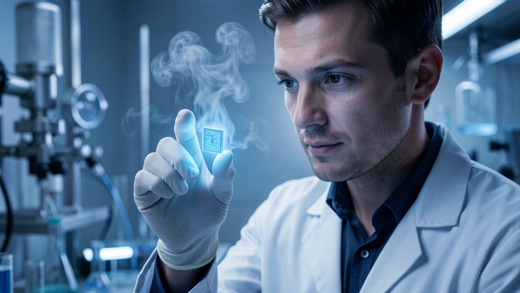 A scientist holding a tiny glowing chip in a cryogenic laboratory
