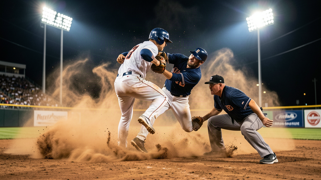 Two baseball players colliding at third base with dust flying under stadium lights