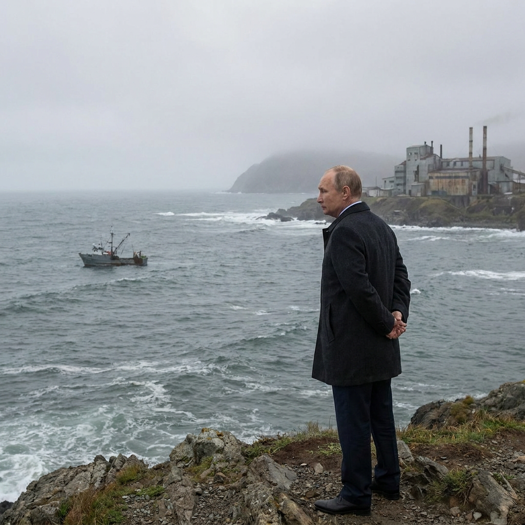 A world leader in a dark suit standing on a rocky windswept island shore looking at the sea