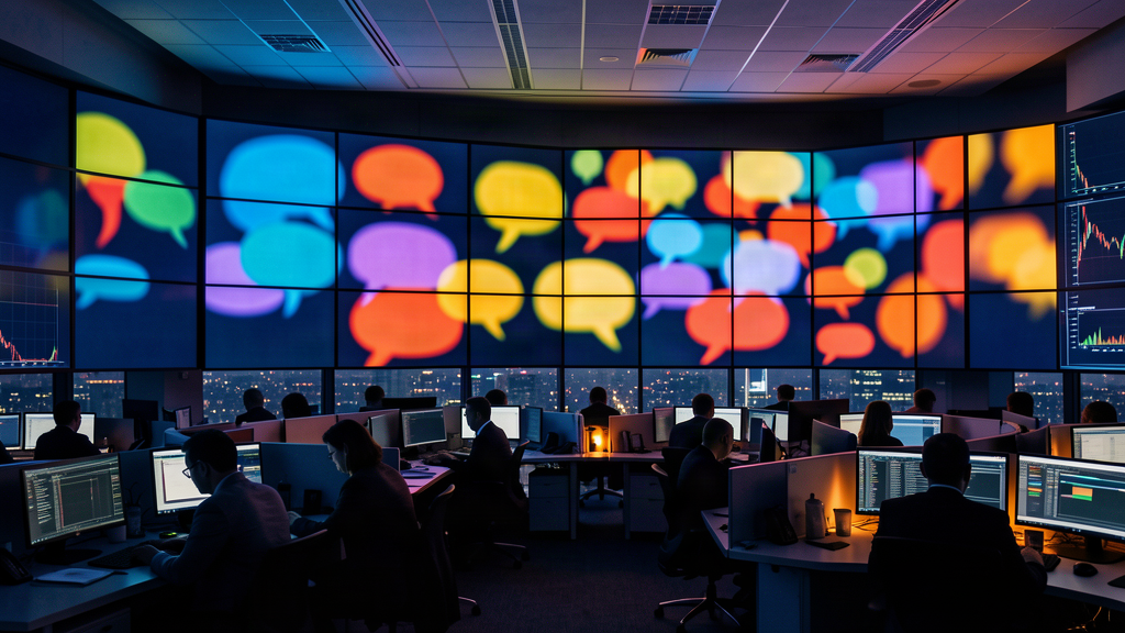 A trading floor with screens glowing with abstract speech-bubble shapes