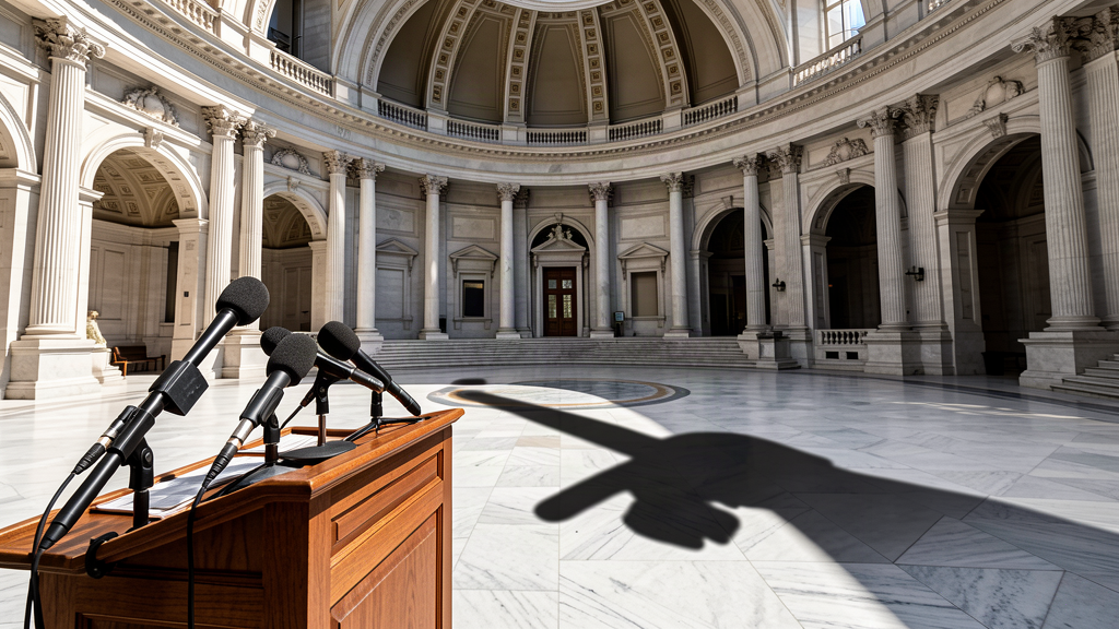 A podium with microphones in front of a state capitol, with a large shadow of a pointing finger