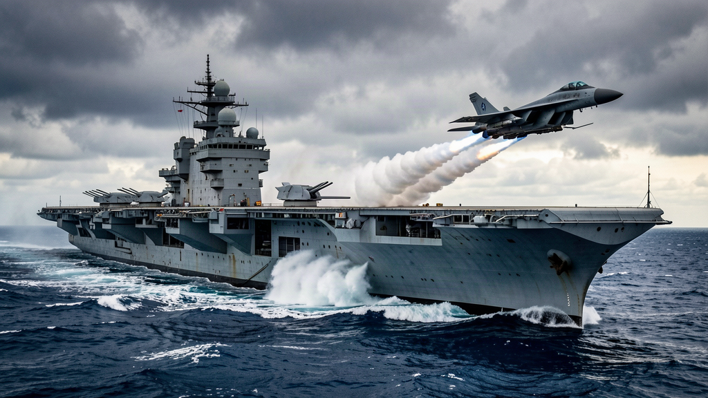 A classic World War II-style aircraft carrier silhouette launching a jet from a steam catapult at sea