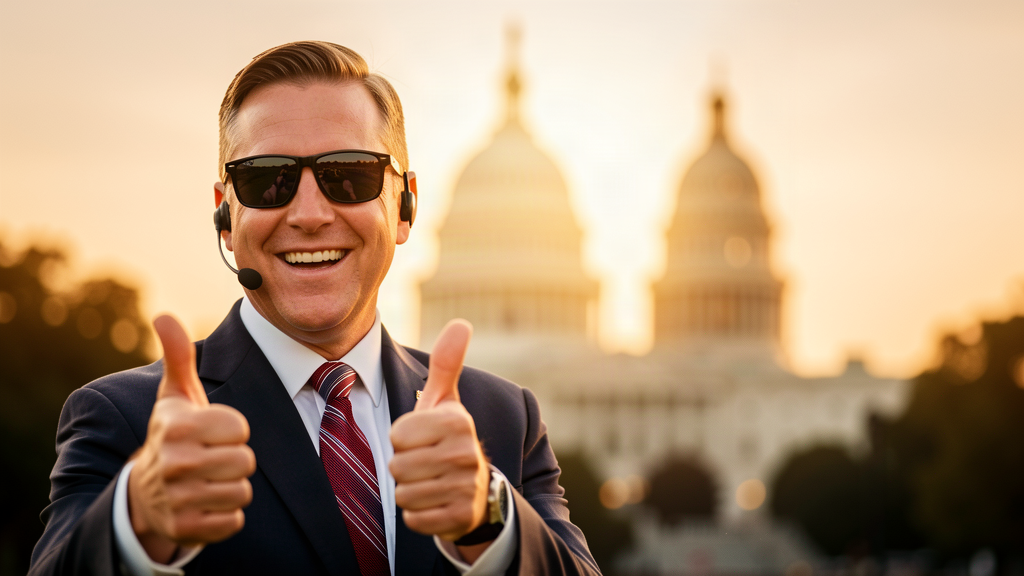 A suited security professional giving a thumbs up in front of the U.S. Capitol dome