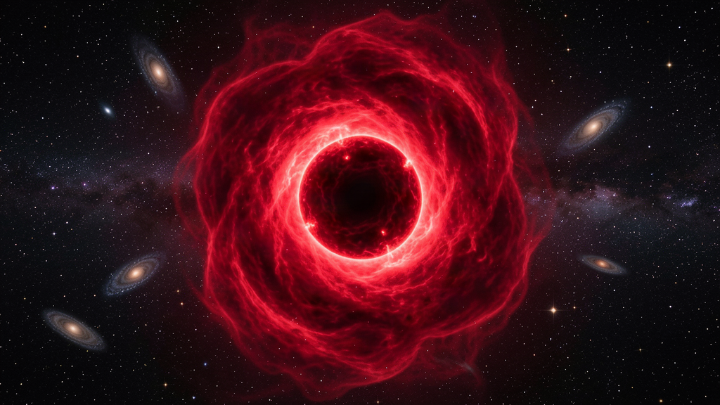 A brilliant red glowing star with a dark core in deep space