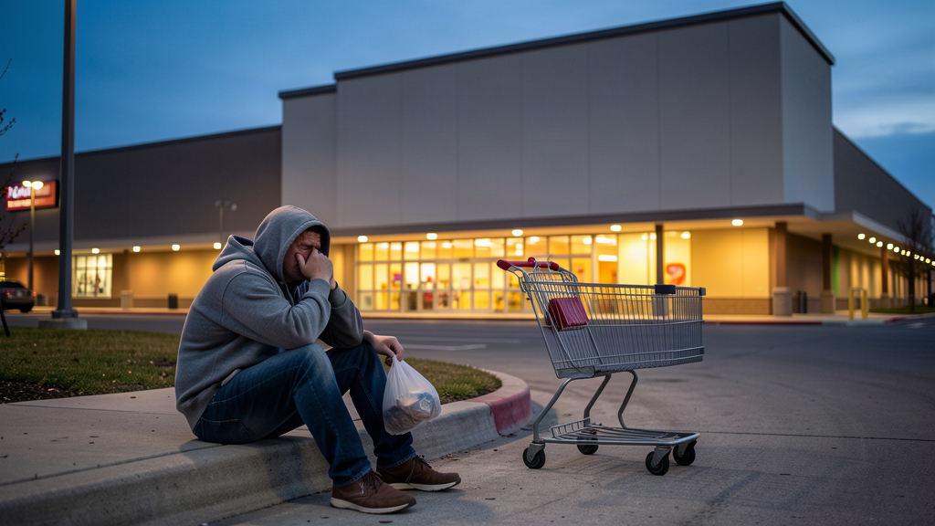 A tired American shopper sits on a curb outside a shopping mall, holding a single small shopping bag