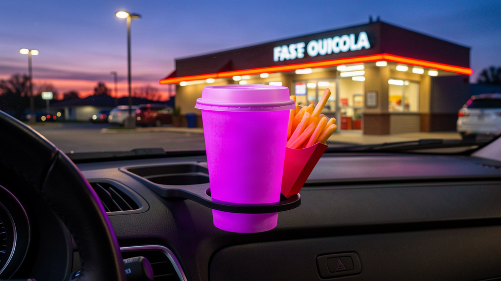 A bright purple energy drink cup in a fast food drive-thru cup holder next to a french fry box
