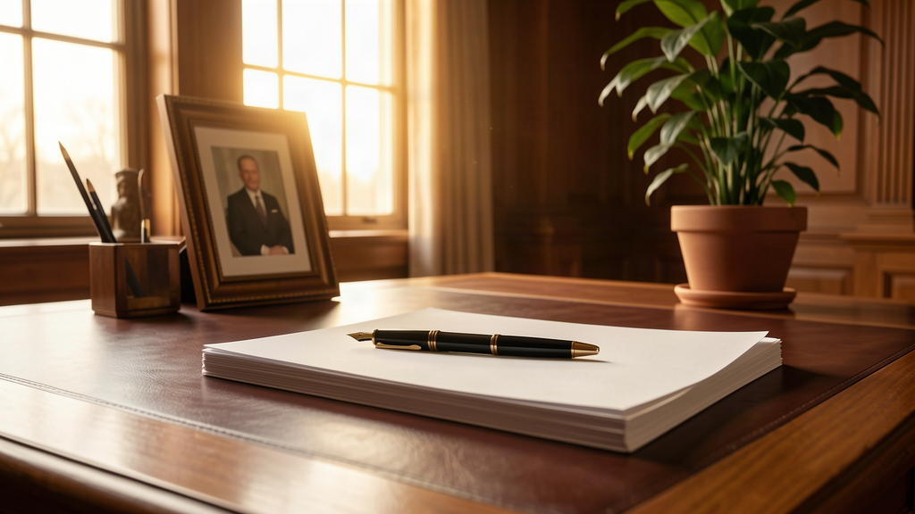 A single pen and an empty desk in a Senate office, with a stack of unsigned endorsement letters