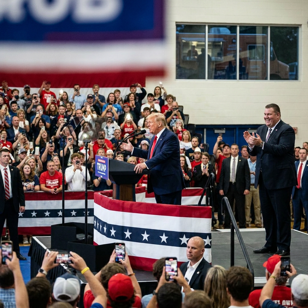 A gymnasium rally stage draped in an American flag with a crowd of supporters filming on phones
