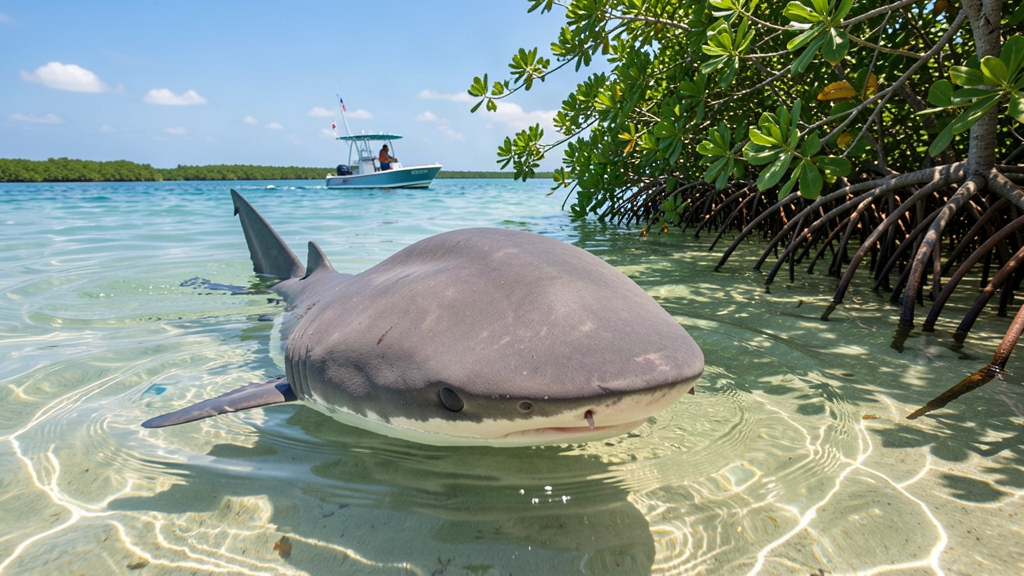 A bonnethead shark with an unusually round head glides through clear bay water