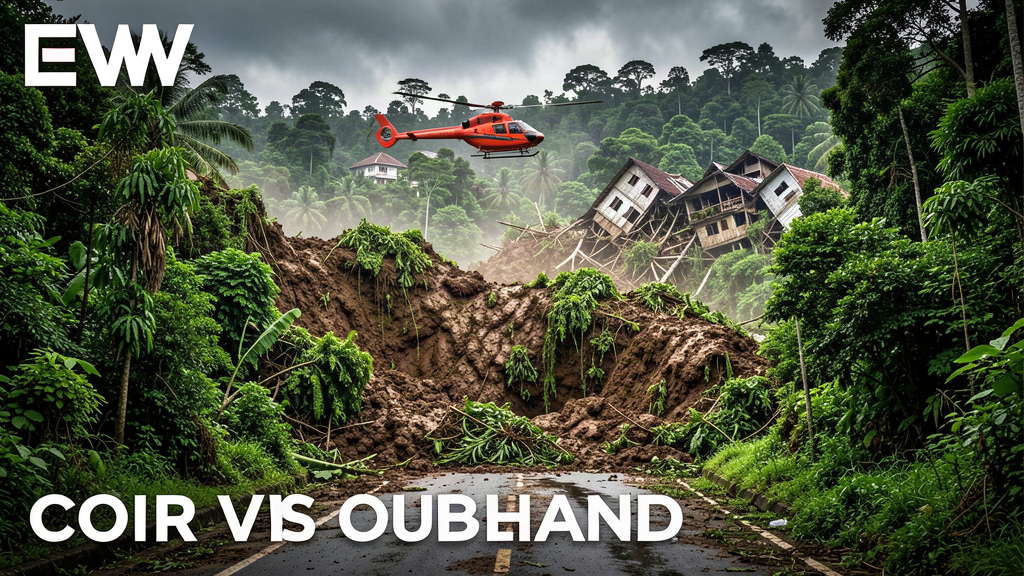 A landslide has cut off a village road on a lush Indonesian island, with a rescue helicopter overhead
