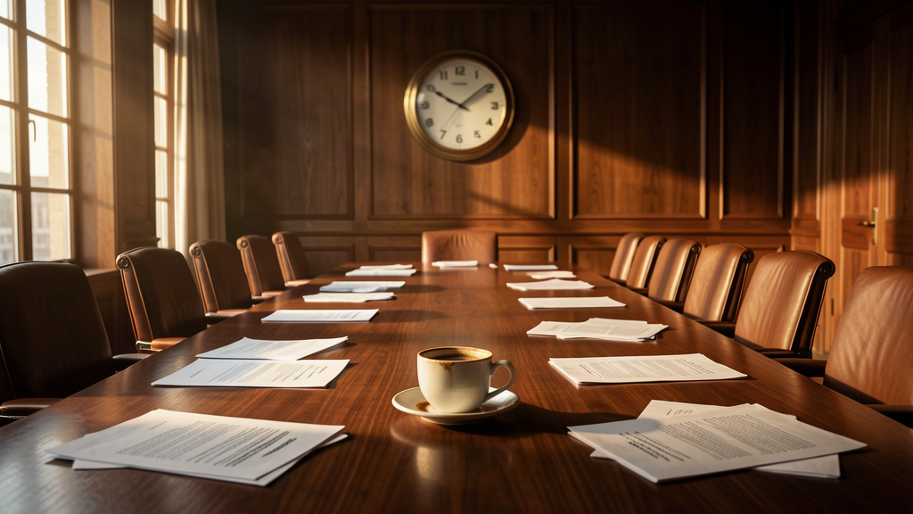 A long central bank conference room with scattered papers, empty leather chairs, and a wall clock on the wood-paneled wall