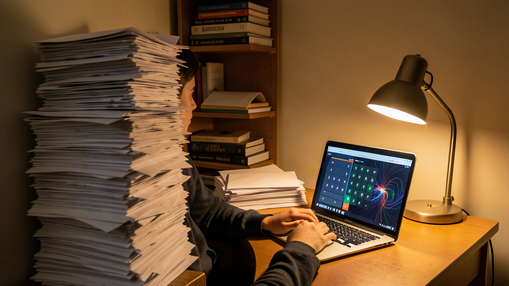A college student in a dorm room surrounded by a tall stack of government envelopes, a laptop open to a calculator app