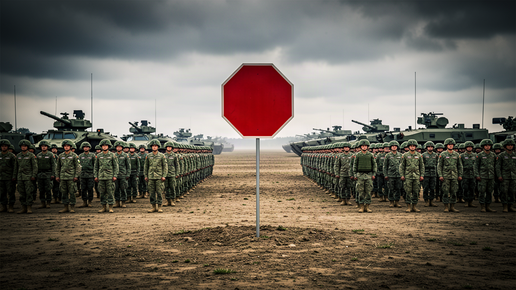 United States and South Korean soldiers in formation on a military exercise field, a blank red octagonal sign standing in the middle distance