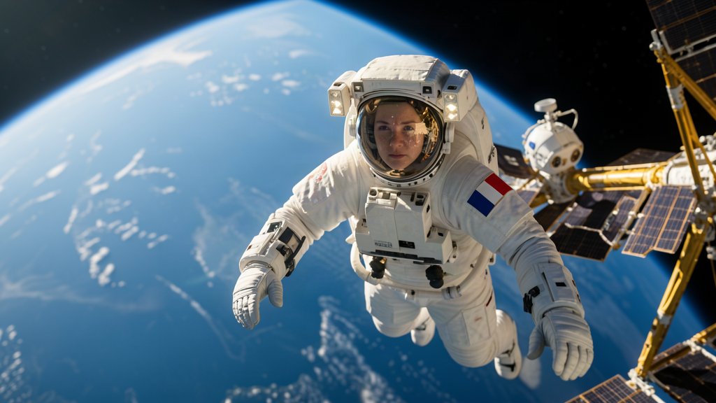 A female astronaut in a white EVA suit floating outside the International Space Station with the Earth glowing in the background
