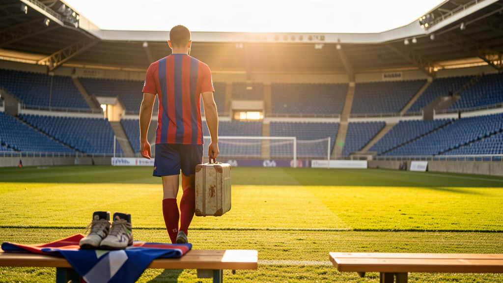 A soccer player in a red-and-blue striped kit carrying a small suitcase, viewed from behind, walking onto a sunlit stadium pitch