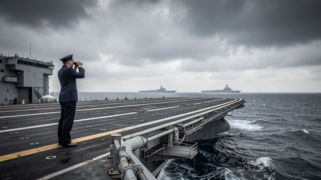 A U.S. aircraft carrier at sea with a sailor on deck looking through binoculars toward a second carrier on the horizon