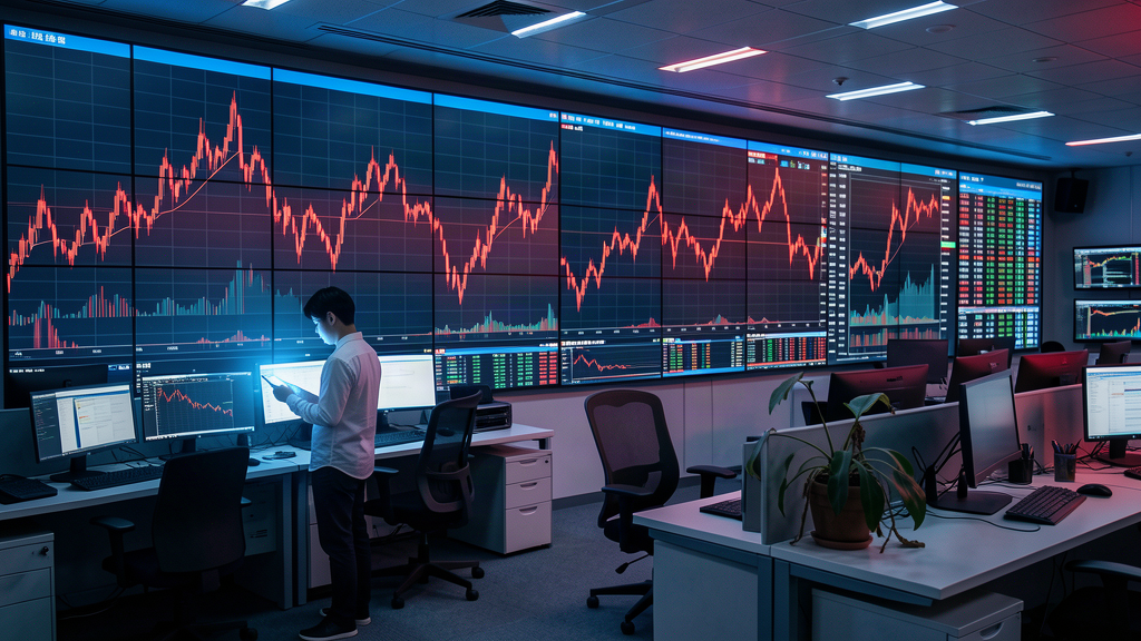 A trading floor in Seoul where large screens show abstract red falling lines, a young investor staring at a phone, an empty chair beside him