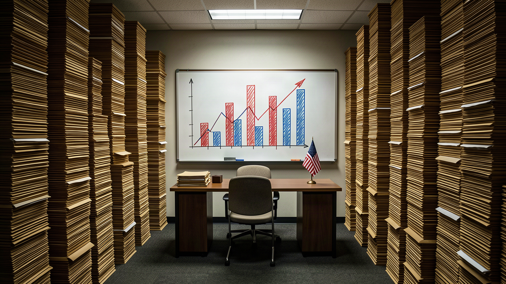 A government office where a single desk is surrounded by an enormous stack of manila folders, a large whiteboard covered in tall abstract bar charts, a small American flag on the desk