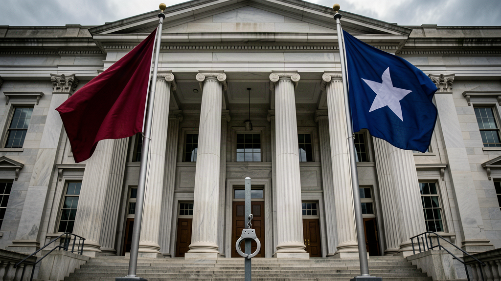 A federal courthouse where two state flags stand at attention on either side of the entrance, a single pair of handcuffs hanging on a small post between them