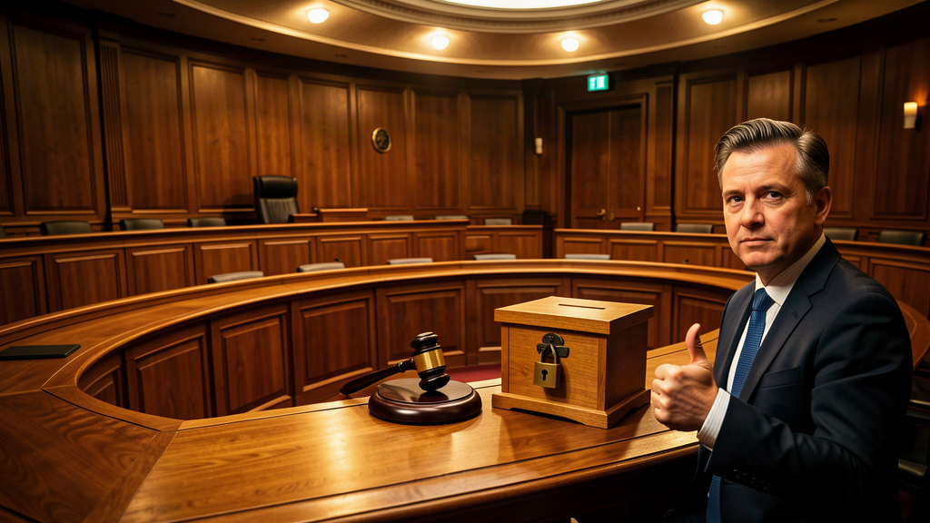 A city council chamber where the gavel is on a small pedestal and the ballot box beside it is padlocked shut, one council member raising a thumb
