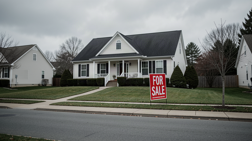 An empty suburban house with a For Sale sign on a quiet tree-lined street