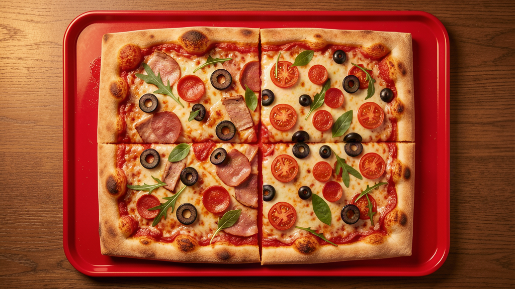 A rectangular Detroit-style pizza with two distinct halves on a red tray