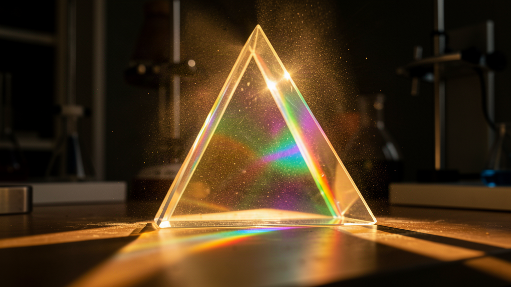 Bright sunlight streaming through a glass prism splitting into spectral colors