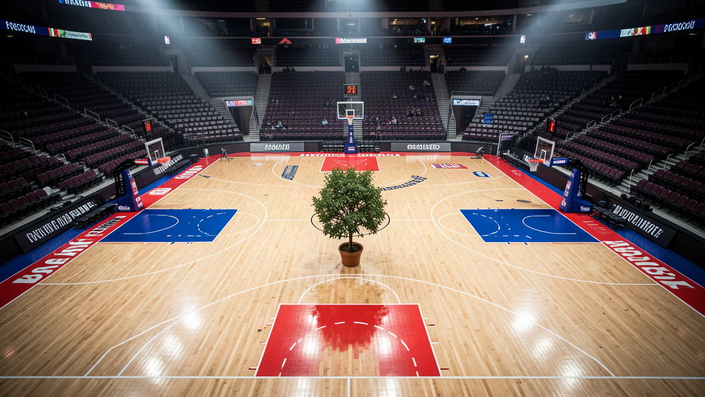 An empty basketball court with a single wilting potted tree at center court