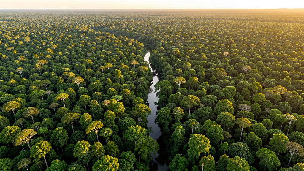 Aerial view of lush Amazon rainforest canopy stretching to the horizon