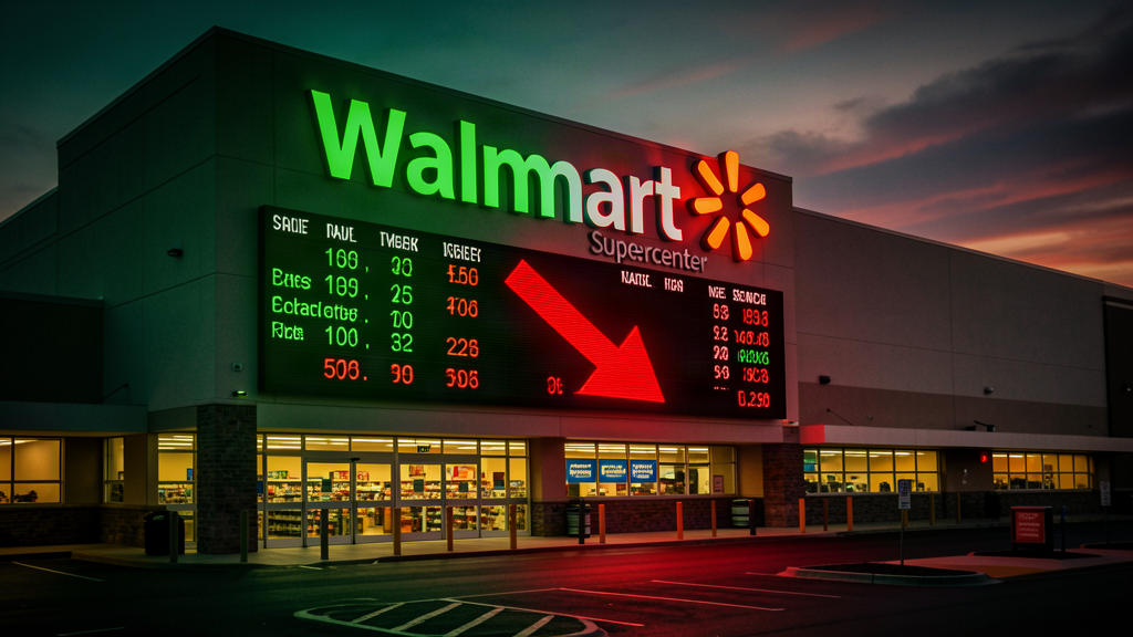 A Walmart storefront with a red arrow pointing down on a stock ticker