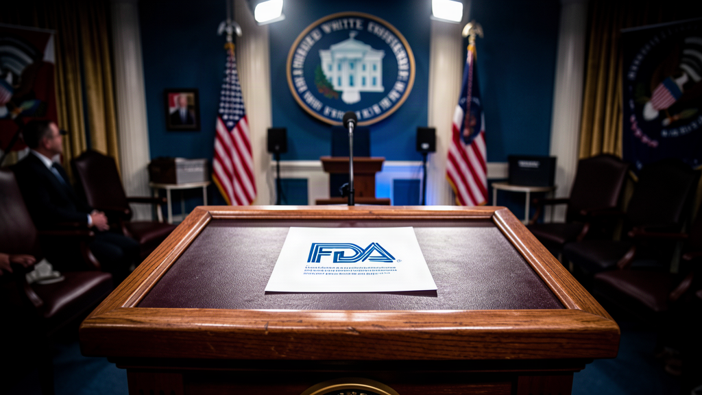 A White House press podium with a copy of an FDA nomination form on it