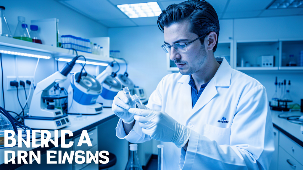 A laboratory technician examining vials under blue light