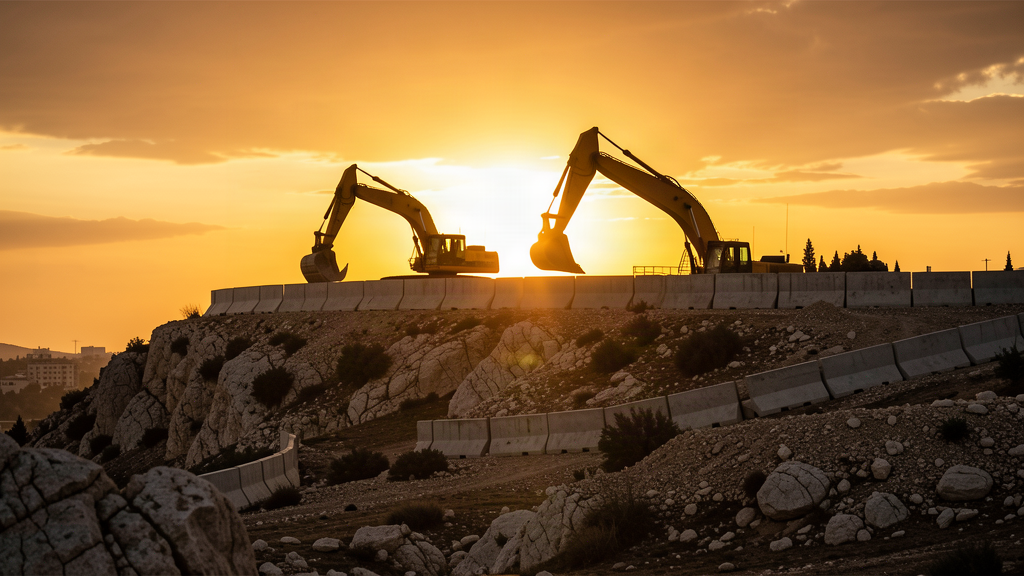 Construction equipment near a hilltop in the West Bank at dusk