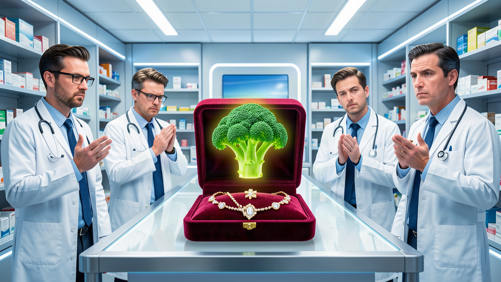 A green glass jar of broccoli florets standing beside a prescription pad on a kitchen counter
