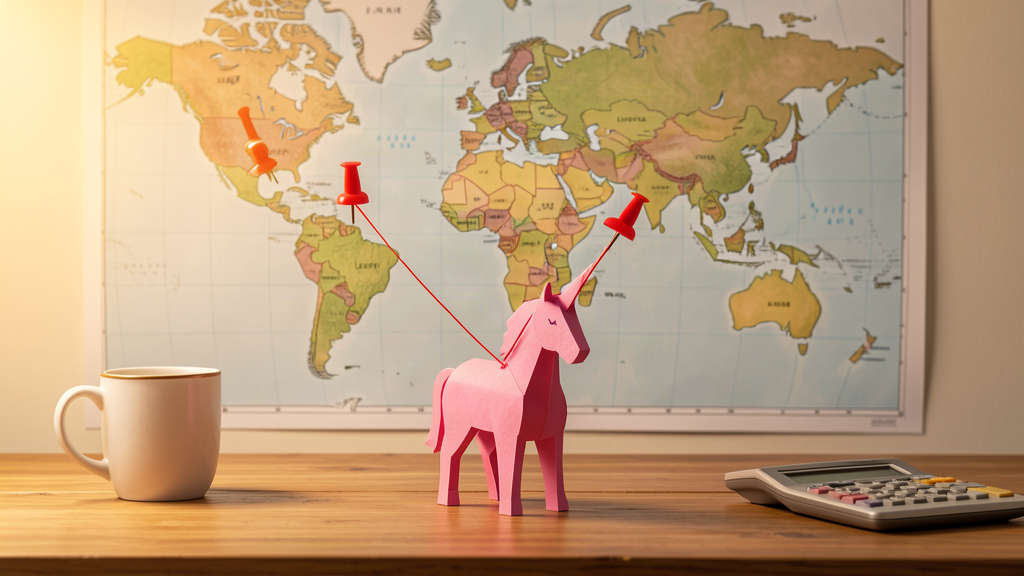 A small pink paper unicorn on a desk in front of a world map with pins in New York, London and Hong Kong