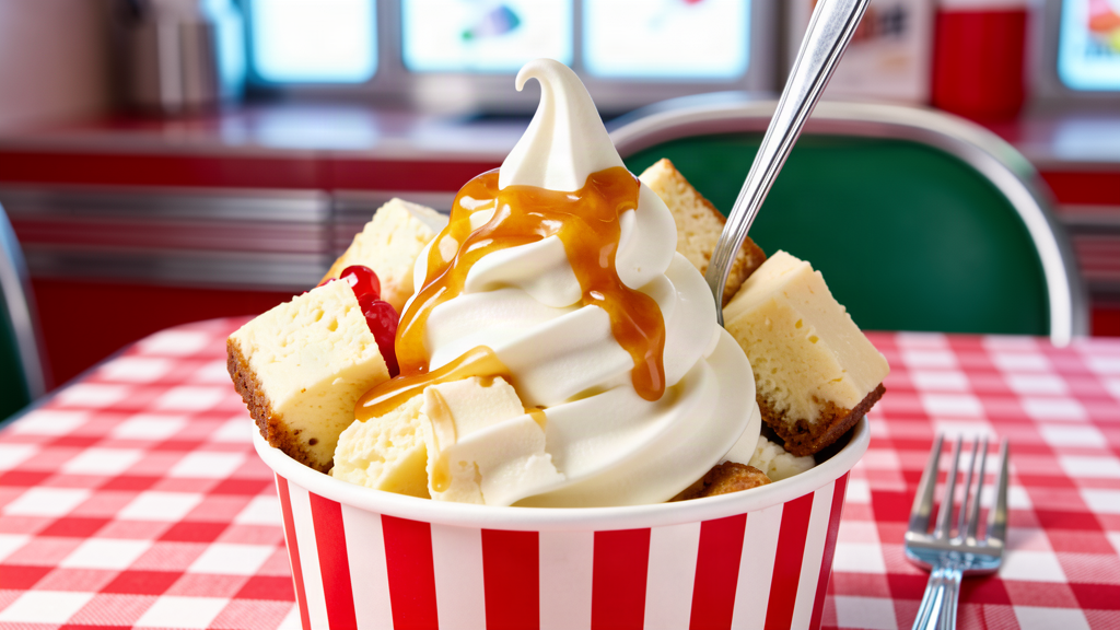 A close-up of a Blizzard in a red-and-white striped cup with cheesecake chunks and a spoon in it, a fork on the table beside