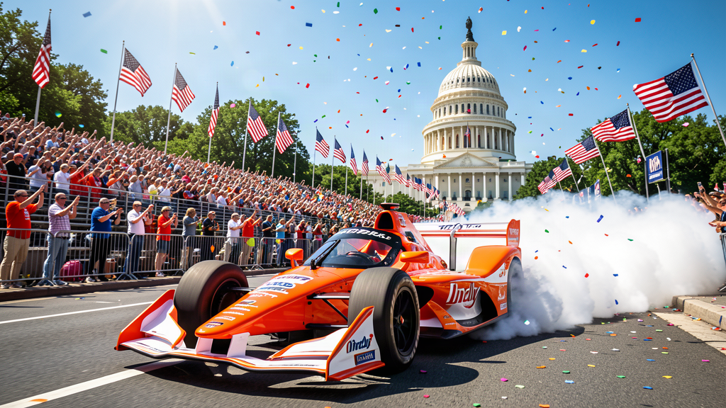 An IndyCar speeds down Pennsylvania Avenue past the U.S. Capitol with a packed grandstand behind it
