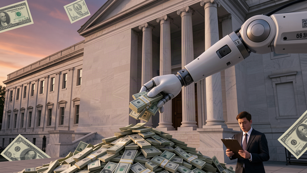 A giant mechanical arm feeding bond bundles back into the Treasury building