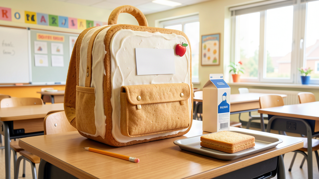 A giant frosted cookie shaped like a backpack on a classroom desk