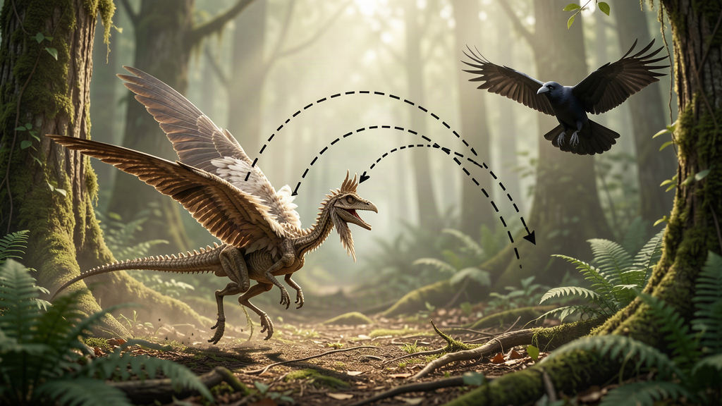 A feathered Archaeopteryx mid-hop with three trajectory arcs