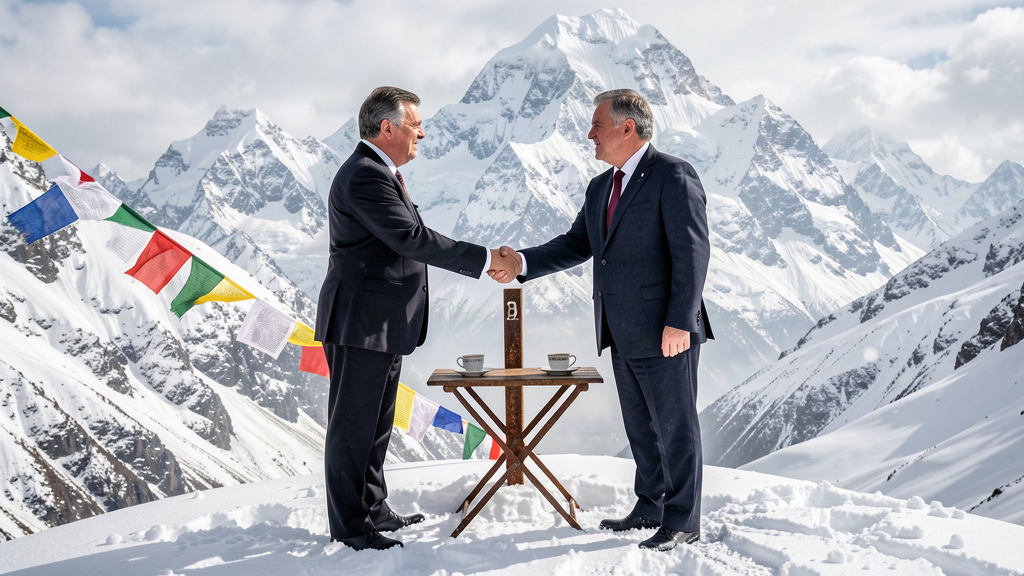 Two diplomats shaking hands atop a snowy Himalayan pass