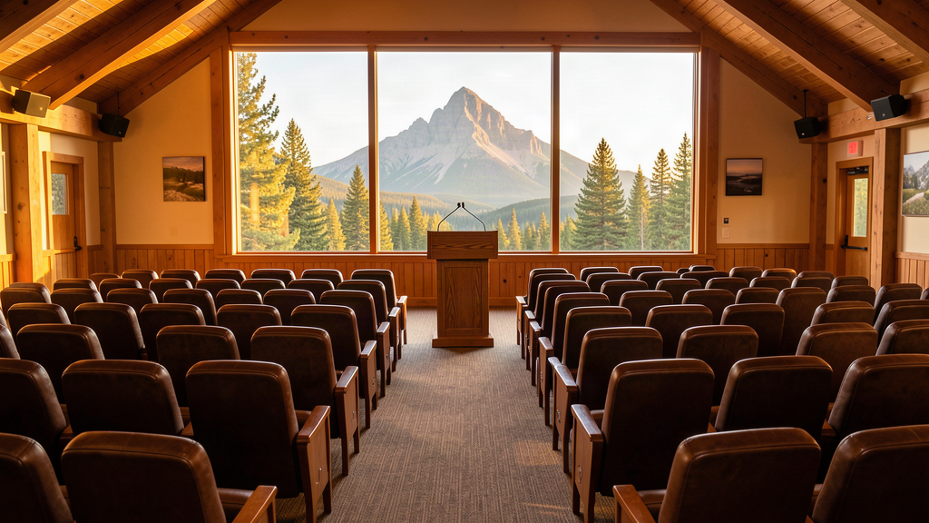 A single lectern on a mountain lodge stage with a microphone and a wall of empty chairs