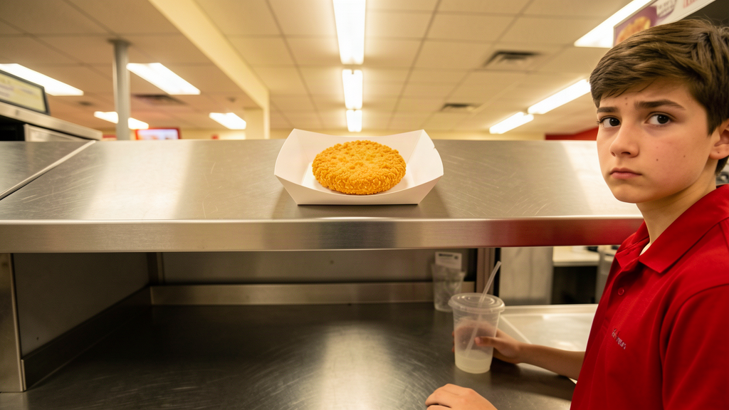 A single bare fried chicken patty centered in a white paper tray on a fast-food counter, a confused cashier in red in the background