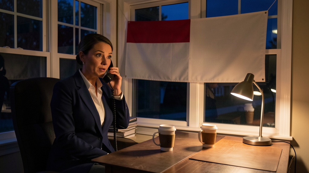 A South Carolina campaign office with two coffee cups, a victory phone call in progress, and a banner of red light