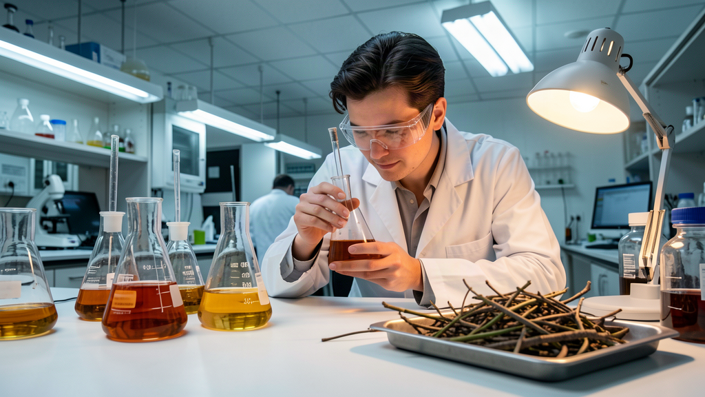 A laboratory workbench with glass flasks of amber liquid and a pile of dried plant stems