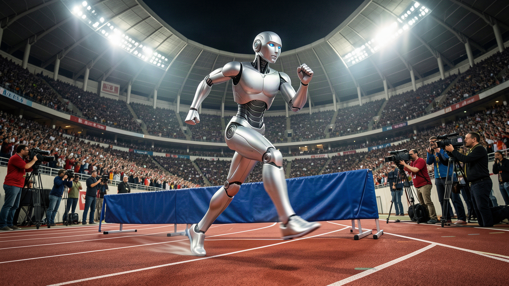 A humanoid robot mid-sprint on a track with a padded blue wall a few meters ahead