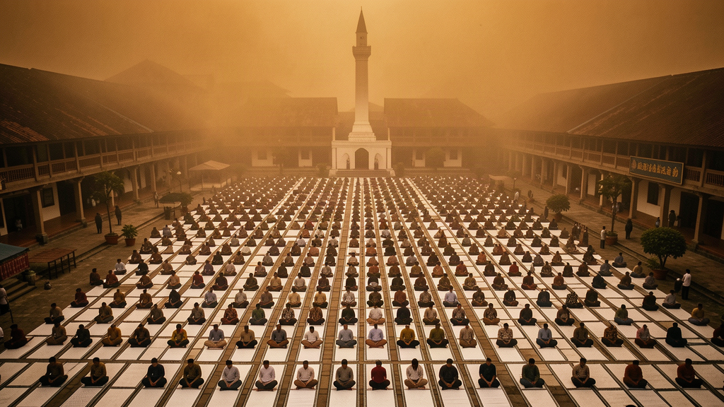 An elevated view of a vast courtyard filled with rows of people on white prayer mats under thick amber haze, a minaret centered in the background