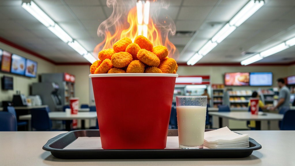 A giant bucket of fiery red chicken nuggets with a small glass of milk sweating beside it